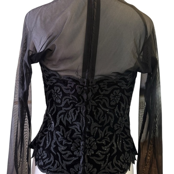 Tadashi Vintage Black Velvet Beaded Mesh Sleeve V-Neck Party Evening Top M - Picture 9 of 12